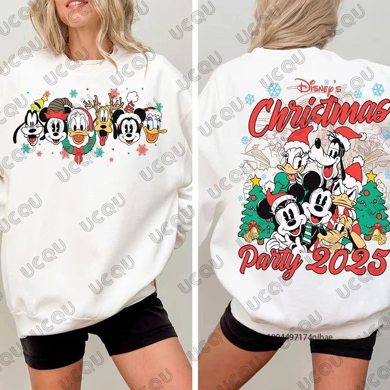 2025 عيد الميلاد ديزني الأسرة ميكي ماوس طباعة القطن المرأة هوديس الخريف الشتاء عادية كم طويل البلوز الأزواج القمم