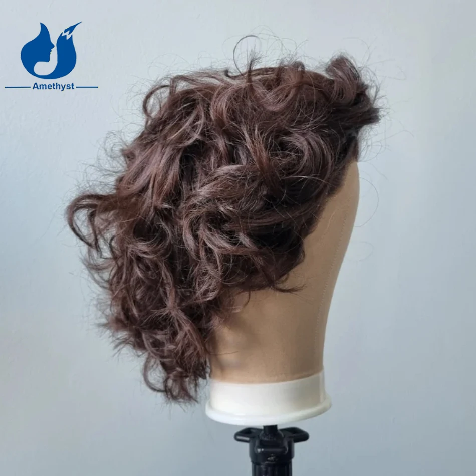 Amethyst Color #3 Brown Curly Short Bob Human Hair Wig for Men 13x6 Lace Frontal Pre-Plucked Pixie Cut Remy Male Hair Wig