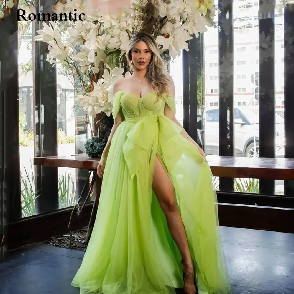 

Romantic A Line Party Desses Off The Shoulder Tulle Evening Gown Sweetheart High Side Slit Evening Dresses Vestido de noiva