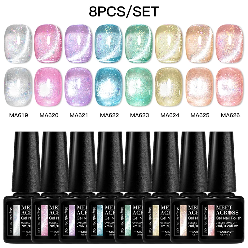 8pc Jelly Cat Magnetic Nail Gel Polish Set Translucent Glitter Cat Eye Gel Semi Permanent UV Gel Soak Off Sparkling Nail Art