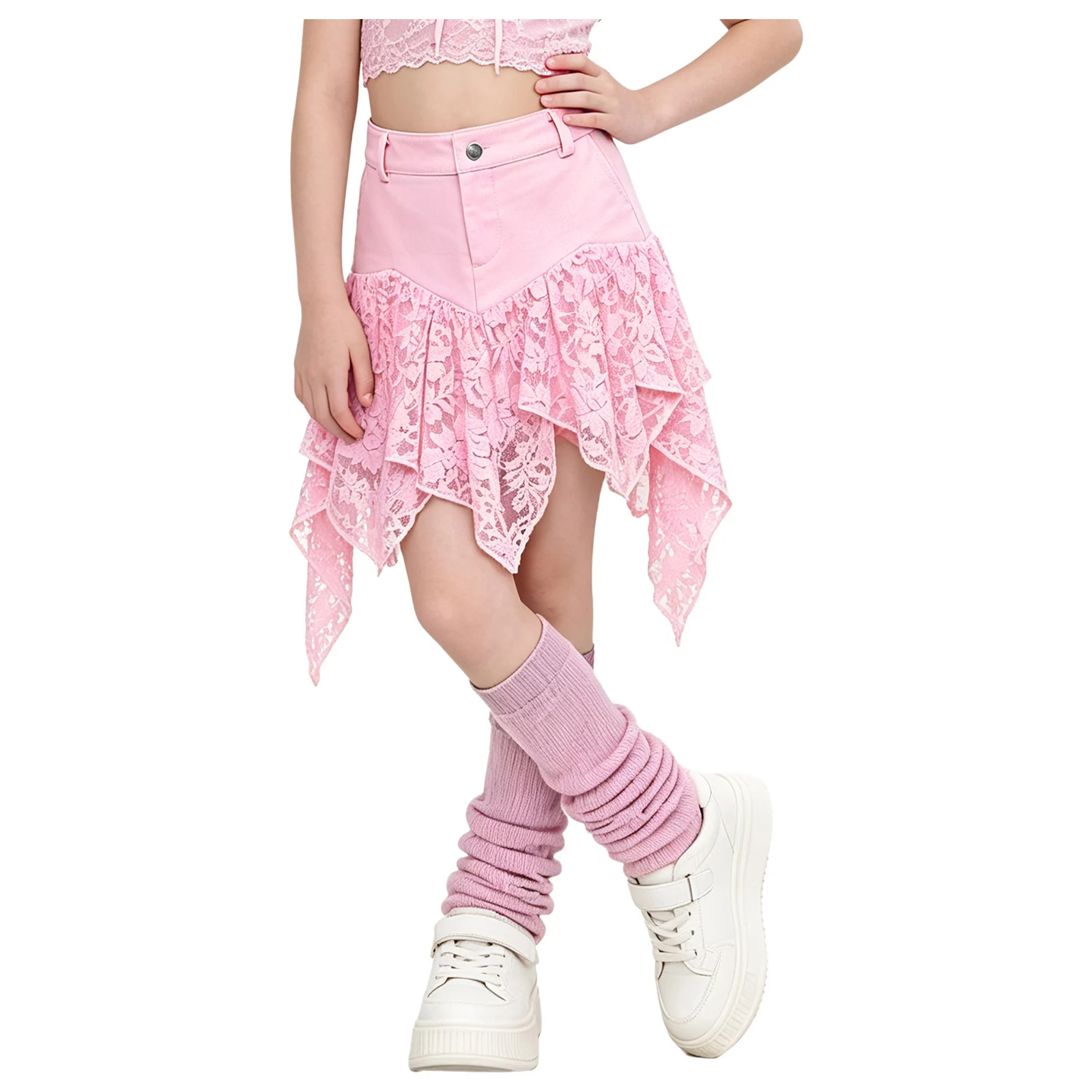 Kids Girls Y2K Irregular Skirt Flowy Lace Patchwork Zipper Fly Skirts with Pockets for Birthday Party Dancing School Streetwear