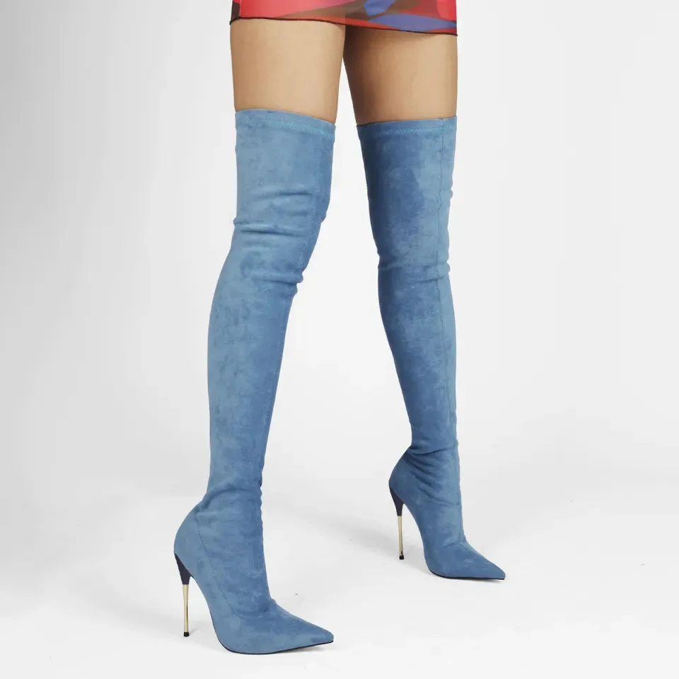 

Blue High Heels Women Over The Knee Boots 2024 Winter Pointed Toe Suede Elastic Women's Long Boots