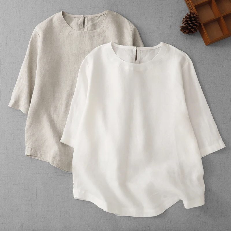 

Spring Summer New Cotton Linen Base Shirt Casual Silk T-Shirt round Neck Retro Women plus Size Slimming Top