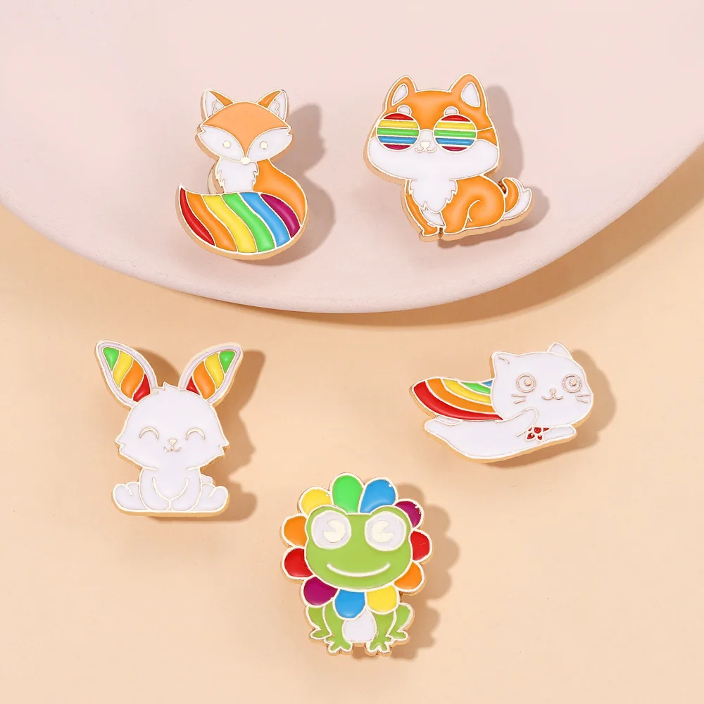 Rainbow Cute Animal Enamel Pins Custom Cartoon Rabbit Decorative Brooch Lapel Badges Backpack Hat Metal Jewelry Gifts Wholesale