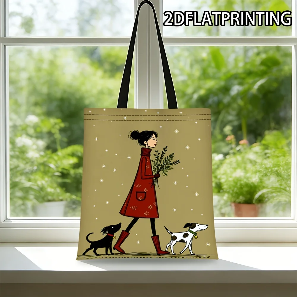 Fashionable Winter Dog-Walking Pattern Tote Bag, Brightly Colored 2D Printed Reusable Shopping Bag