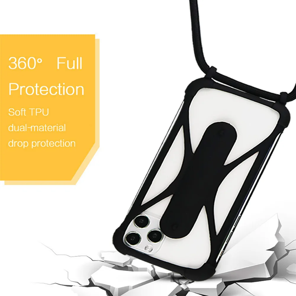 Universal Silicone Lanyard Case For Neck Strap Hanging Rope Sling Chain Smart Mobile Necklace Phone Cover Case with Holder Stand
