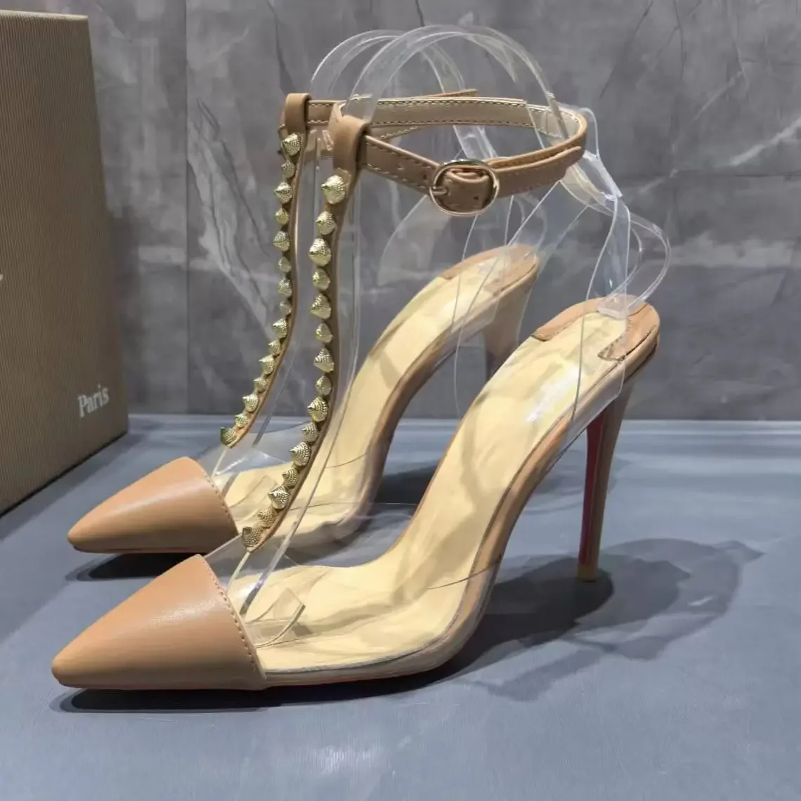 Rivet Studded Women Stiletto Heel Pumps Sandal Pointed Toe Ankle Strap Transparent PVC Red Sole Nude Sexy Luxury Fashion Shoes view 2
