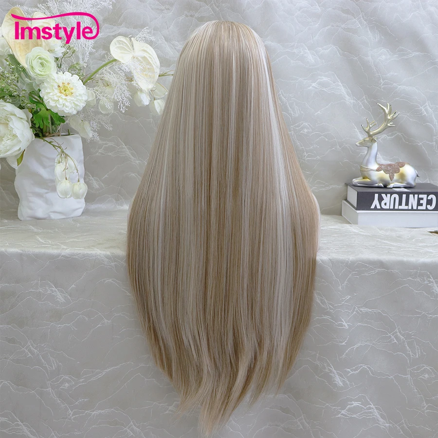 Imstyle-peluca sintética con malla frontal para mujer, cabellera larga lisa con reflejos de platino, resistente al calor, para uso diario