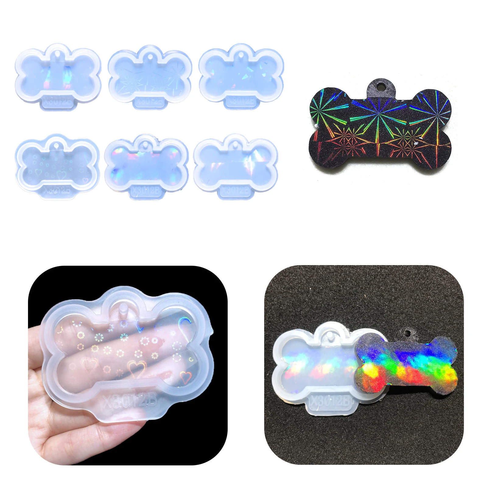 DIY Holographic Dog Bone Shape Pendant Epoxy Resin Mold with Hole Jewelry Keychain Pet Tag Hanging Charms Silicone Mould