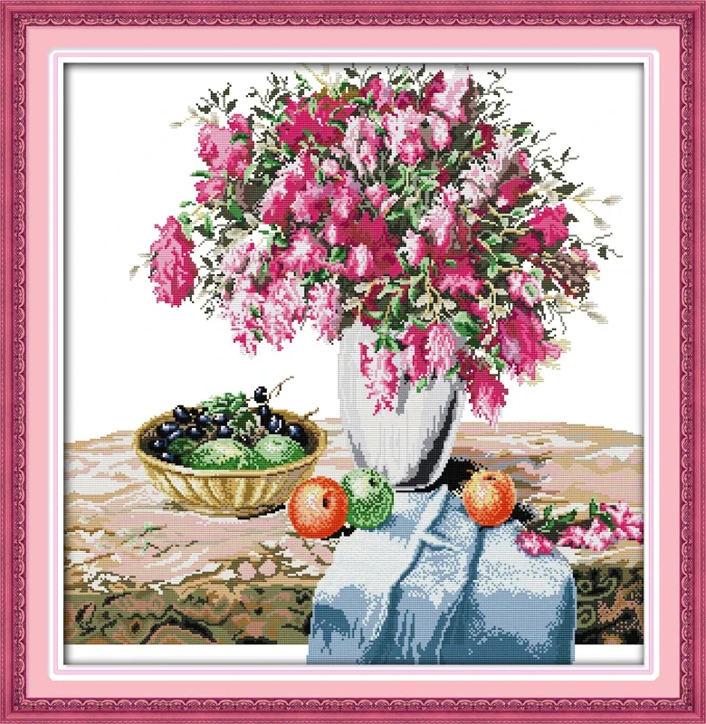 Joy Sunday New Printed Cross Stitch Kit  Easy Pattern Aida  Stamped Fabric Embroidery Set-The Azalea Vase and Fruit