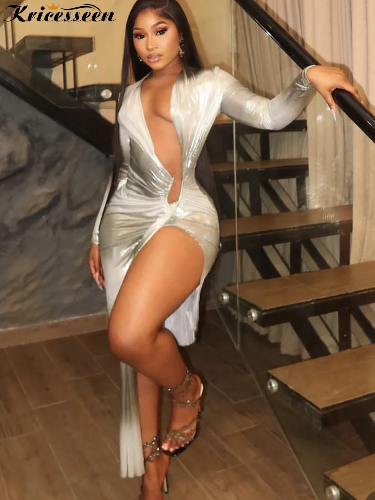 Kricesseen Sexy ​ Glamouröses metallisches Maxikleid für Damen, tiefer V-Ausschnitt, lange Ärmel, hoher Schlitz, gerüscht, figurbetont, Party, Club