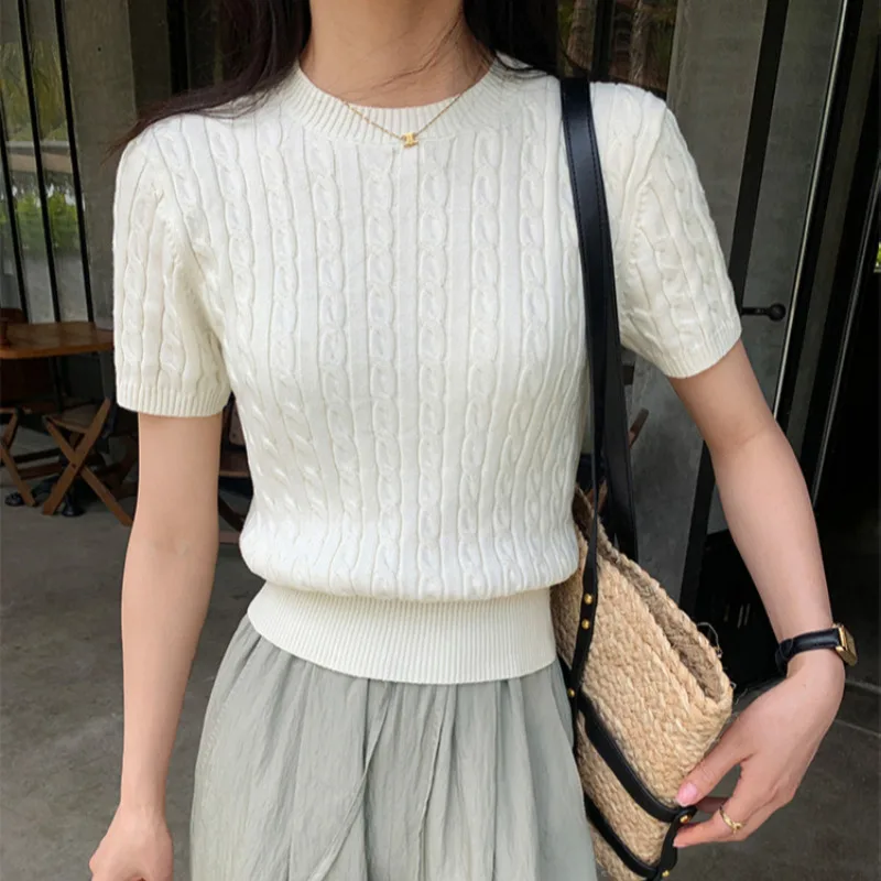 GAODINGLAN Round Neck Solid Short Sleeve Women T-shirts Slim Fit Thin Knitted Tops Basic Bottom Knitwear Y2k Crop Tees Ladies