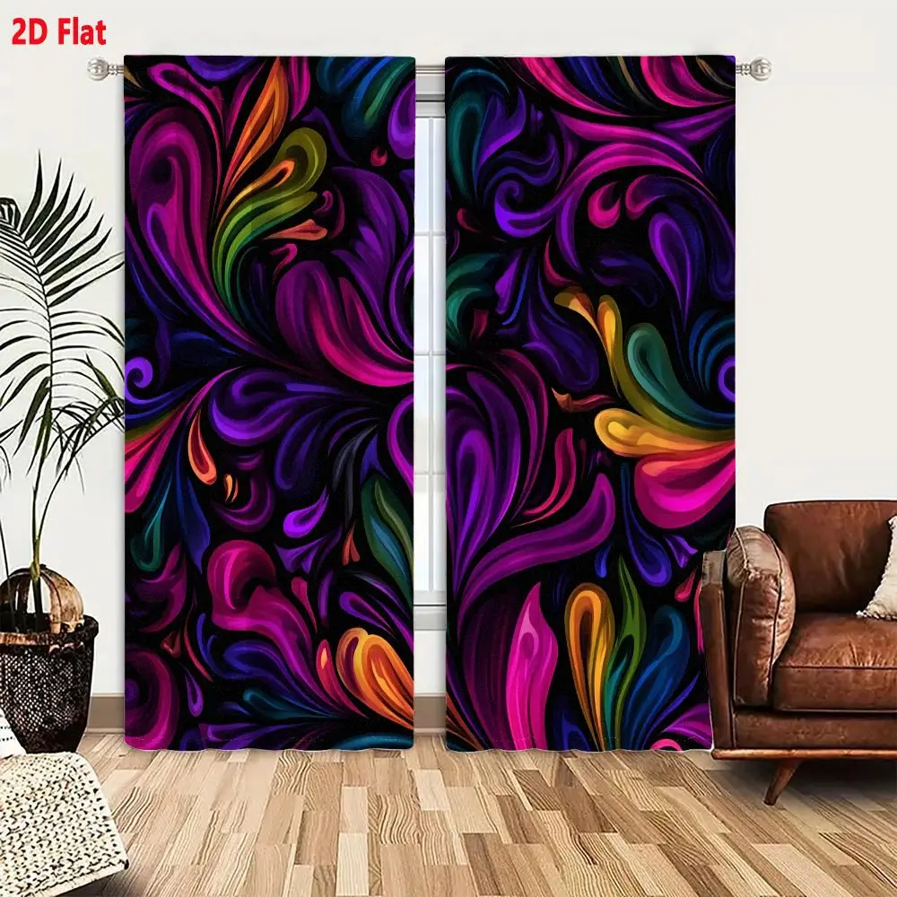 2Pcs Curtains 2D Flat Vibrant Abstract Pattern With Swirling Fluid Shapes In Deep Purples Bright Pinks Greens Blues Oranges Agai