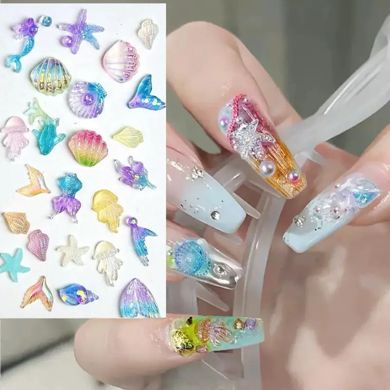 【B】50PCS 3D Conch Shell Nail Charms Colorful Jellyfish Ocean Resin Translucent DIY Nail Art Decorations
