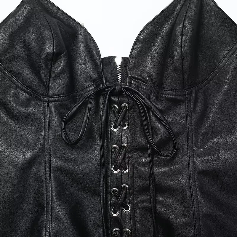 Sweet Hot Girl Black PU Leather Strappy Halter Vest Women's Early Autumn Pure Desire Strap Beautiful Back Sleeveless Tunic Top