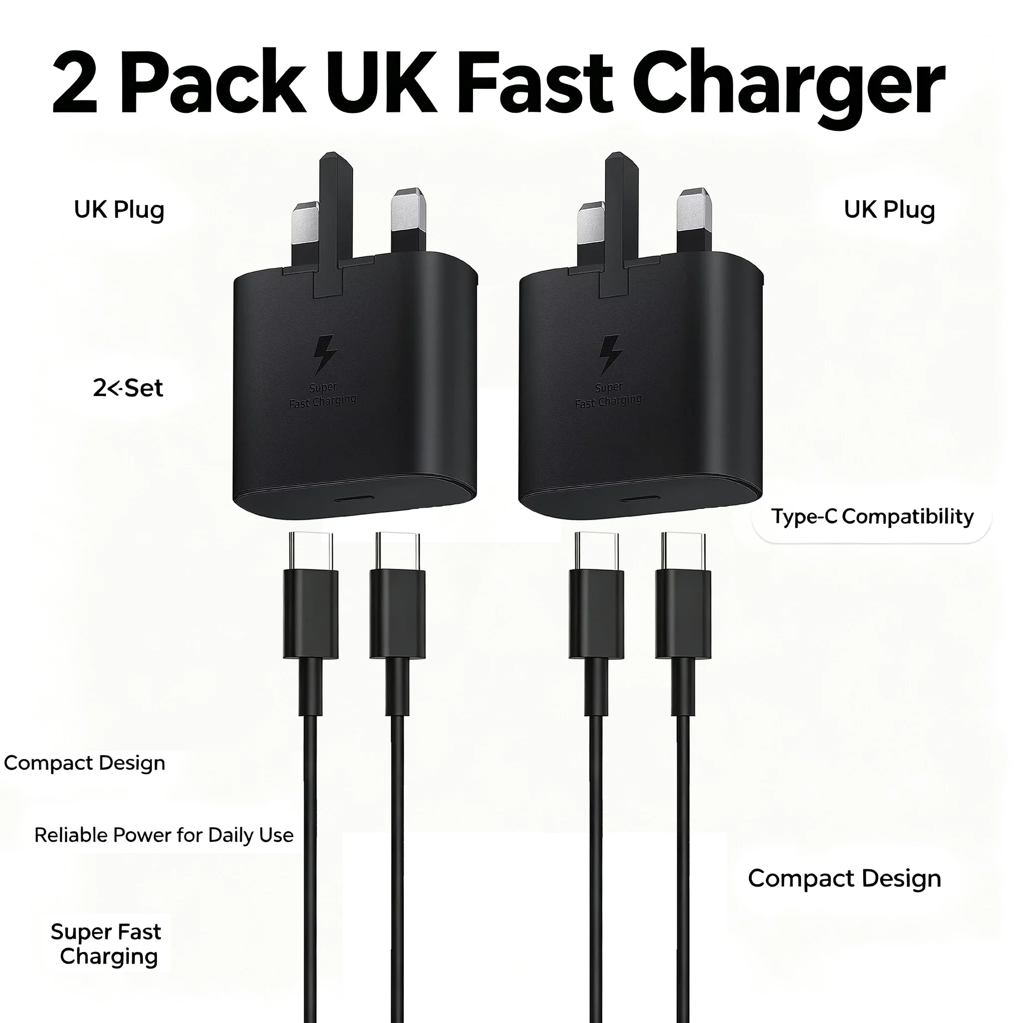 British Standard Charger 2PACK Fast Charger, Charger Plug and Cable 1M USBC to Type C Charging Lead for Galaxy for Samsung