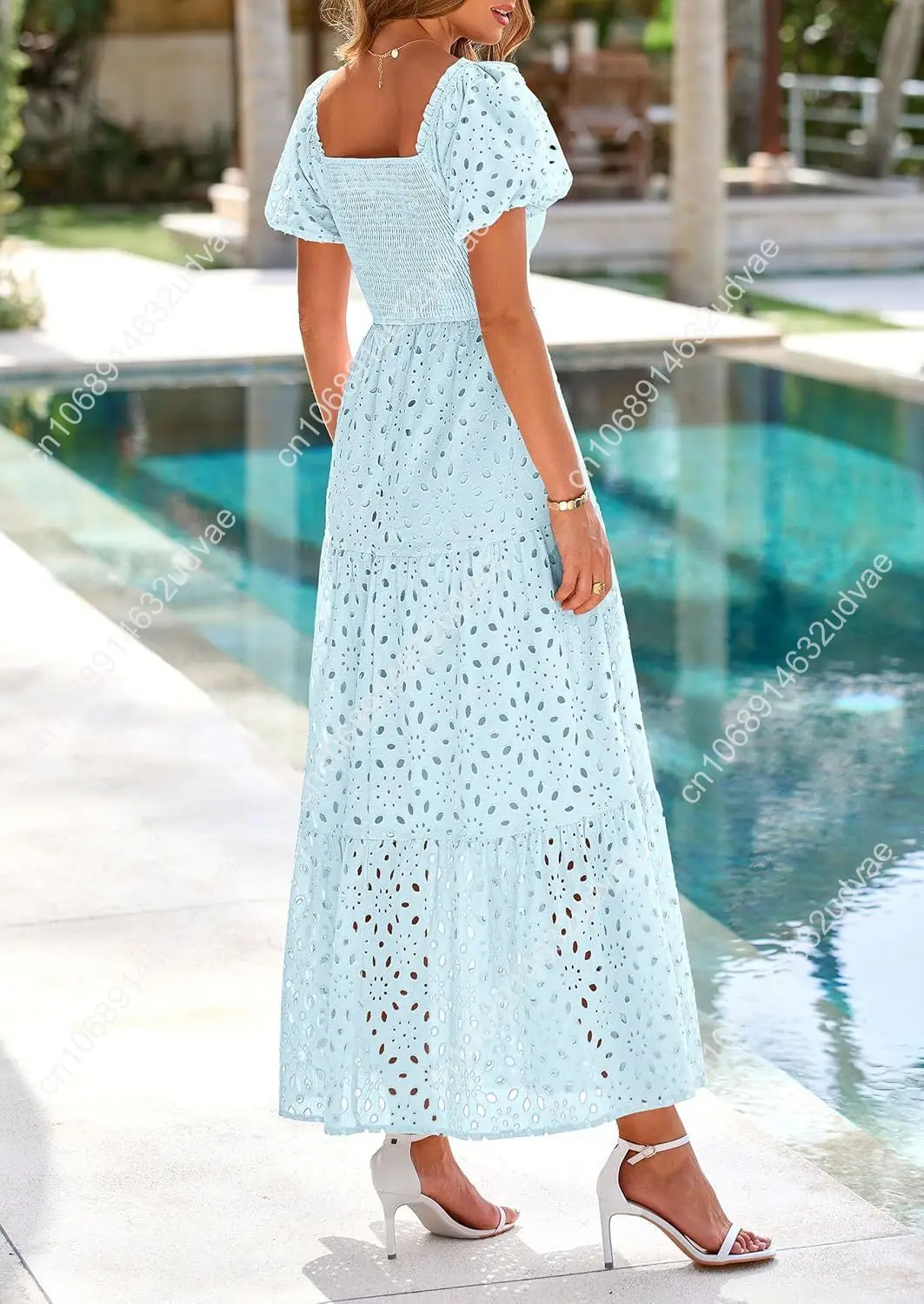 Abiti estivi da donna 2025 Abito lungo con occhielli e collo quadrato, maniche a sbuffo, smock, per invitati al matrimonio, con tasche