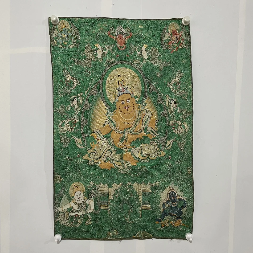 

35"Thangka Embroidery Tibetan Buddhism Silk Embroidery Green Backlight Yellow Jambhala God of Wealth Buddha Thangka Wall hanging