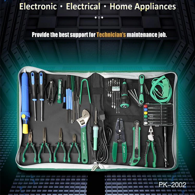 Pro'sKit-Kit de reparación de electricista para el hogar, herramienta eléctrica para soldar, cuchillo, pelacables, 52 piezas, Pro'sKit PK-2002B