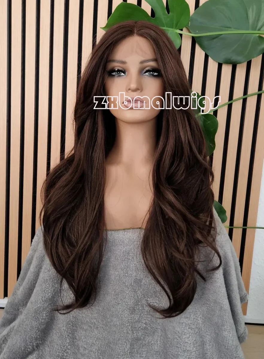 

Chocolate Dark Brown Wavy 13X4 Synthetic Lace Front Wig 180% Density Preplucked Glueless Soft Fiber Hair for Black Women