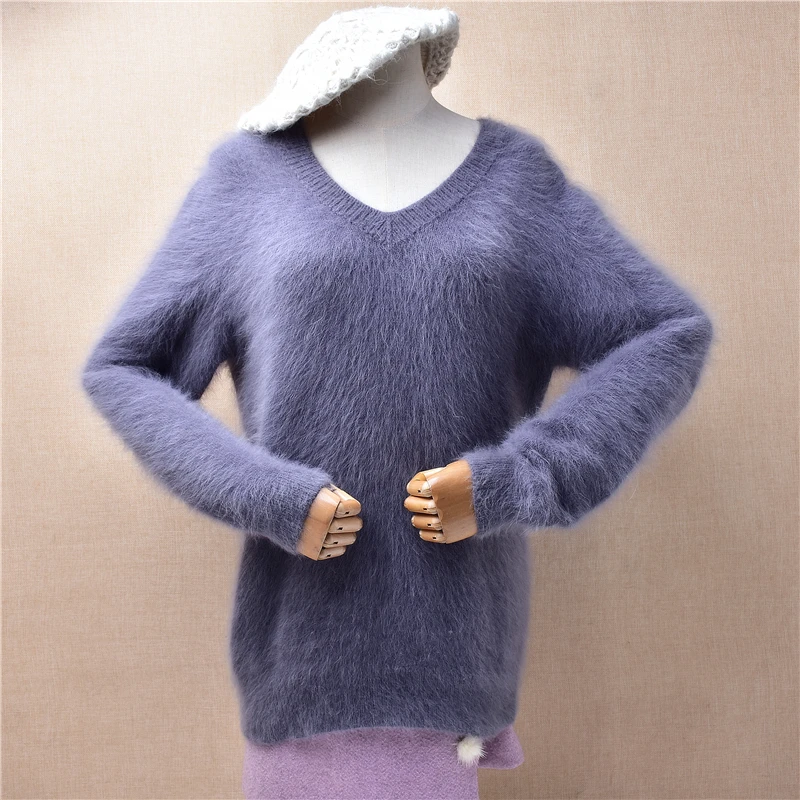 

Ladies Women Autumn Winter Clothing Hairy Angora Rabbit Hair Knitted V-Neck Long Sleeves Slim Blouses Pullover Sweater Jumper