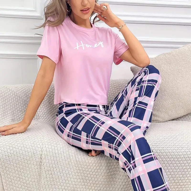 Women\'s Pajamas Set Casual Home Clothes Soft Comfortable Crew Neck T-Shirt & Plaid Pants Sleepwear Piece Loungewear Pyjama Femme