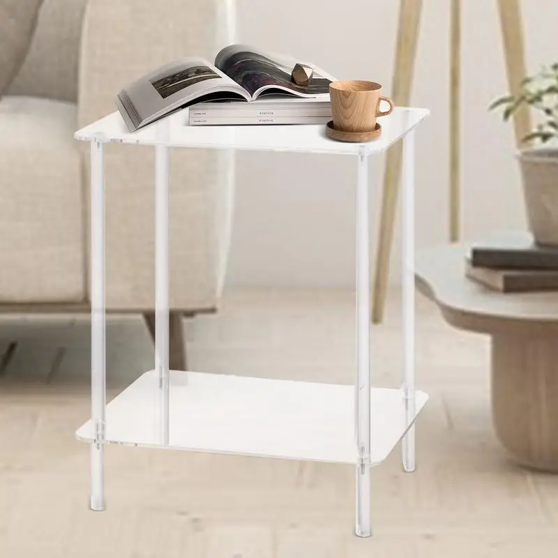 Acrylic Drink Table 2-tier Clear Transparent Square End Table For Modern Living Room Side Table For Drinks Snacks Phones Coffee