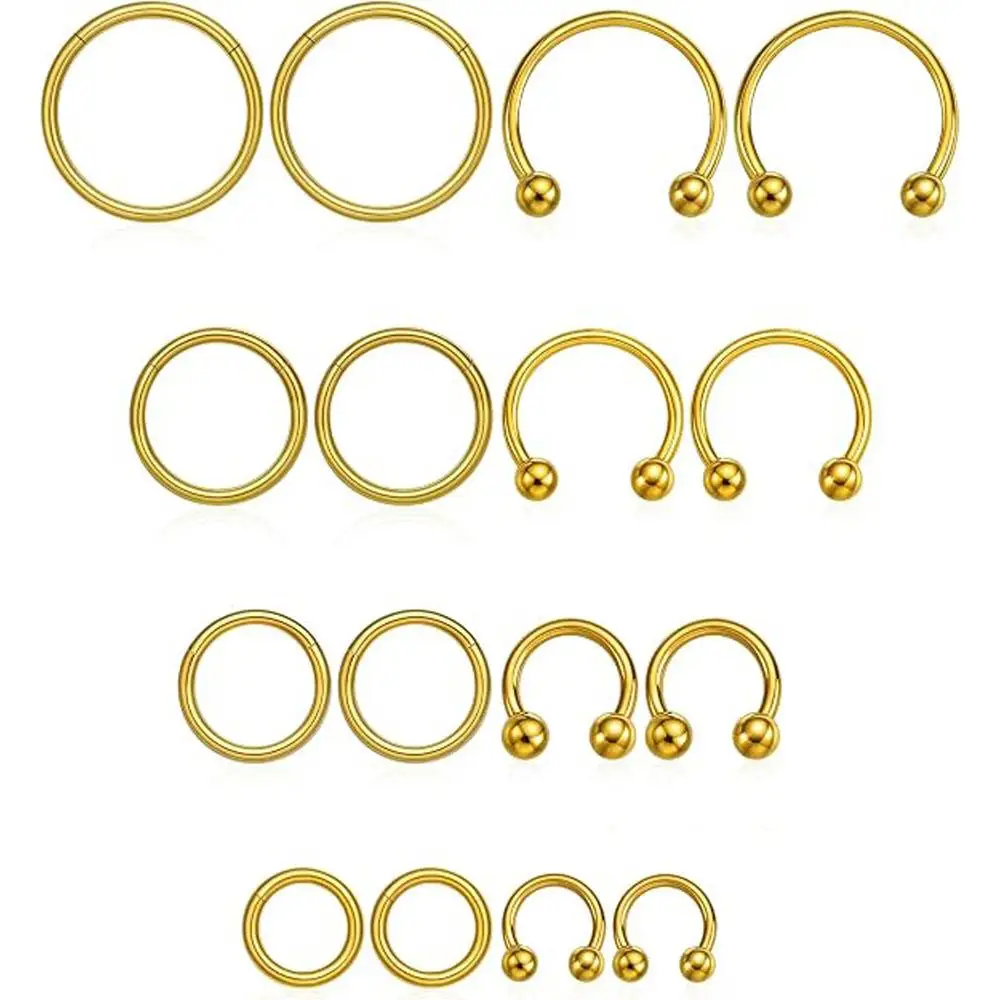 16PCS Set Surgical Stainless Steel Hinged Segment Horseshoe Septum Lip Eyebrow Rings Nose Ring Hoop Cartilage Piercing Jewelry