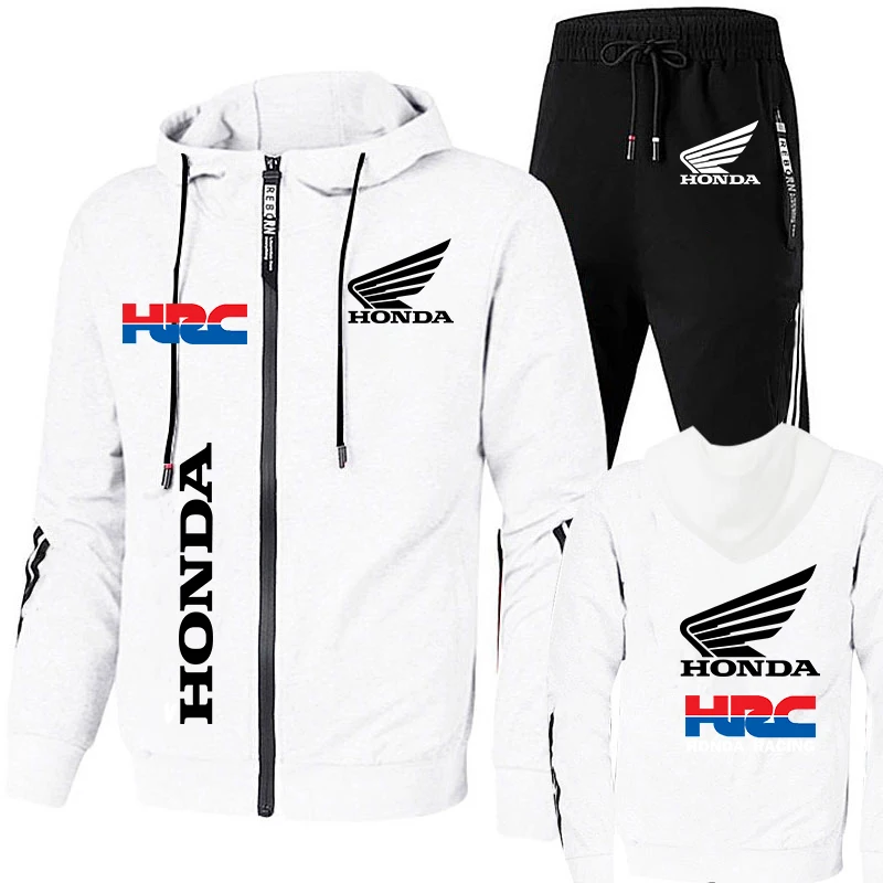 Tracksuit Men\'s Honda Wing HRC Logo Print Hoodie Suits Casual Trendy Zipper Sweatshirt+Pants Sets Sport Honda Men\'s Clothing