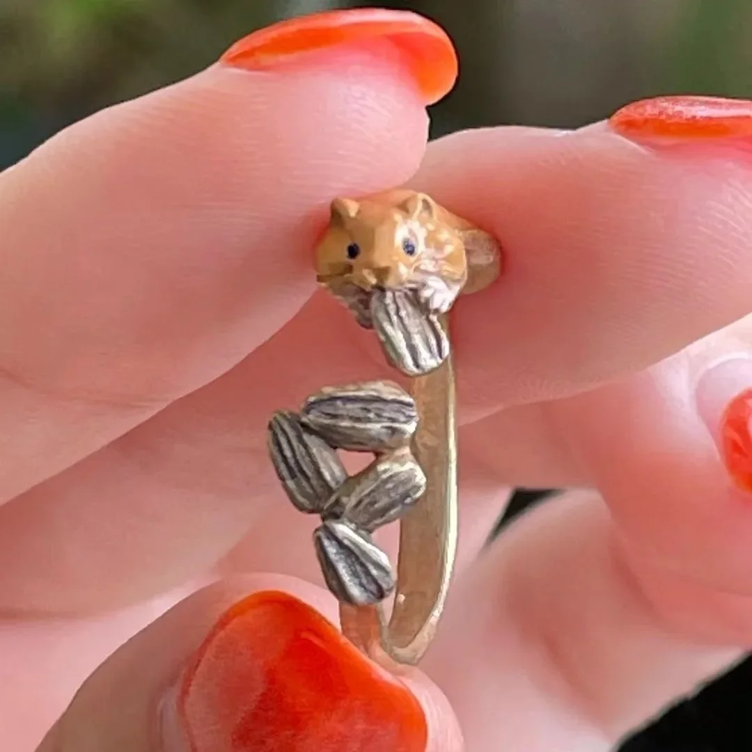 Exquisite Adjustable Size Hamster Eating Melon Seeds Cute Japanese Harajuku Style Girl Cute Sweet Unique Niche Design Open Ring