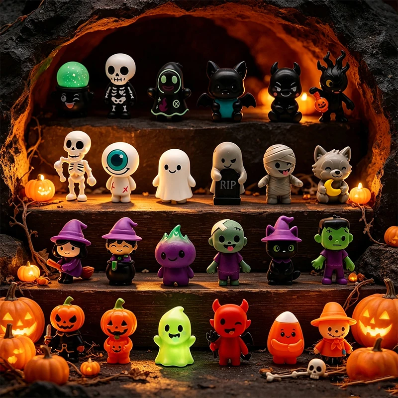 24Pcs Cute Mini Halloween Pumpkin  Resin Statues Witch Devil Figure Model Statue Collection Desktop Decoration Halloween Gifts