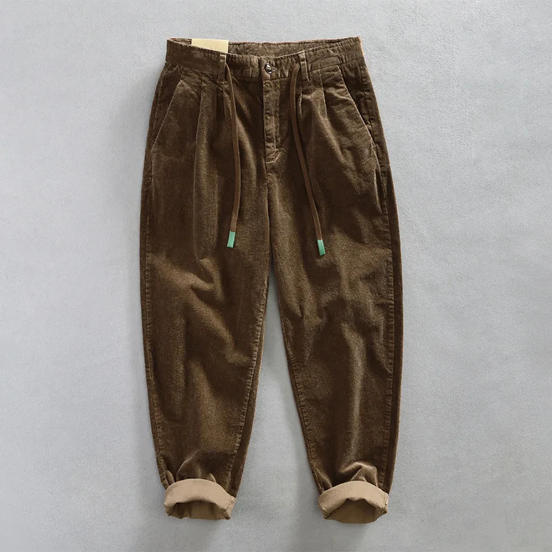 Vintage Spring Autumn Corduroy Pants for Men American Casual Amekaji Loose Straight Trousers for Youth Cityboy Male Drawstring