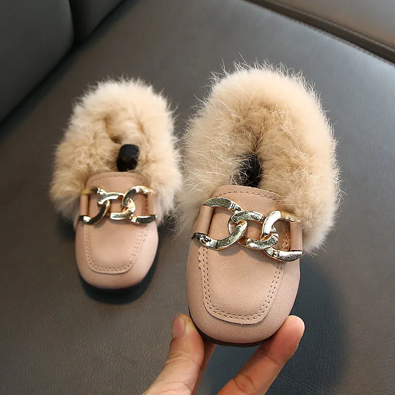 Kids Fur Shoes Children Velvet Shoes Baby Girls Warm Flats Toddler Black Brand Shoes Princess Loafer Chain Moccasin For Winter