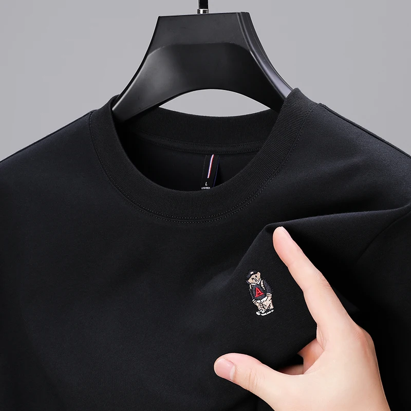 Luxury Embroidered Men's O-Neck Long Sleeve 100% Cotton T-shirt Autumn/Winter 2024 New High End Brand Comfortable Top Men's Wear