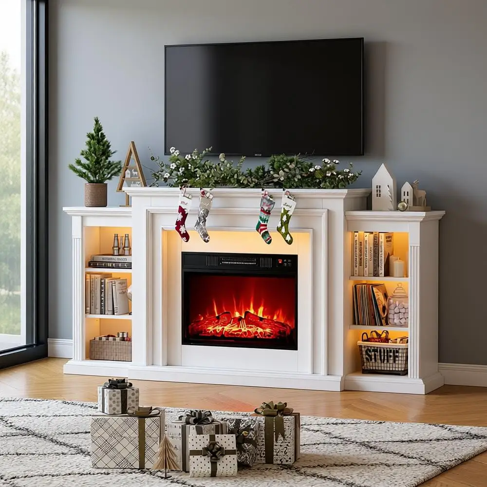 

Modern 72 LED Electric Fireplace with Mantel, TV Stand for 80 TVs, Entertainment Center with Storage and Remote Control