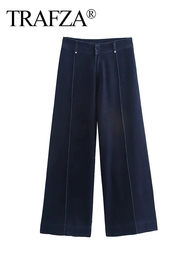 TRAFZA Women's 2025 Fashion Simple Solid High Waist Wide Leg Zipper Jeans Female Commuting Versatile Long Ankle Length Trousers