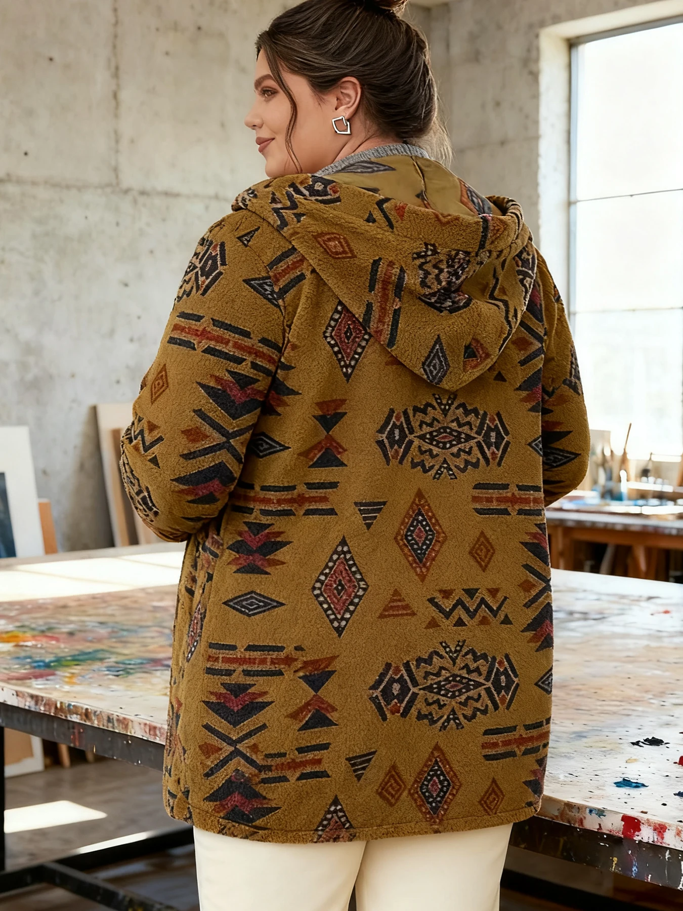 Plus Size Women Vintage Aztec - Fleece Hoodie Lined 评论和价格