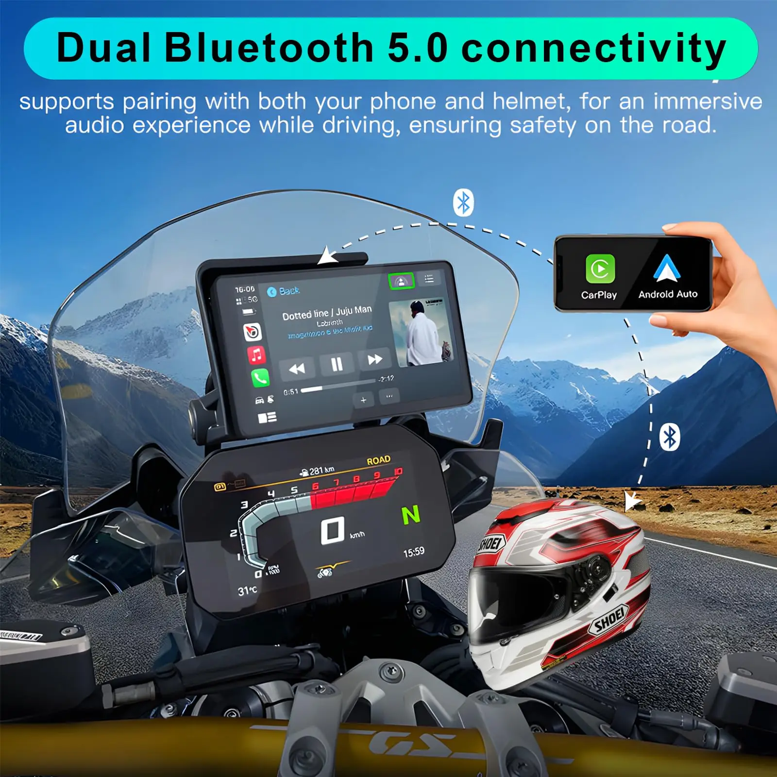 6 بوصة دراجة نارية CarPlay وAndroid Auto لسيارات BMW IP68 شاشة ملاحة GPS مقاومة للماء، التوصيل والتشغيل مع بلوتوث مزدوج 5.0