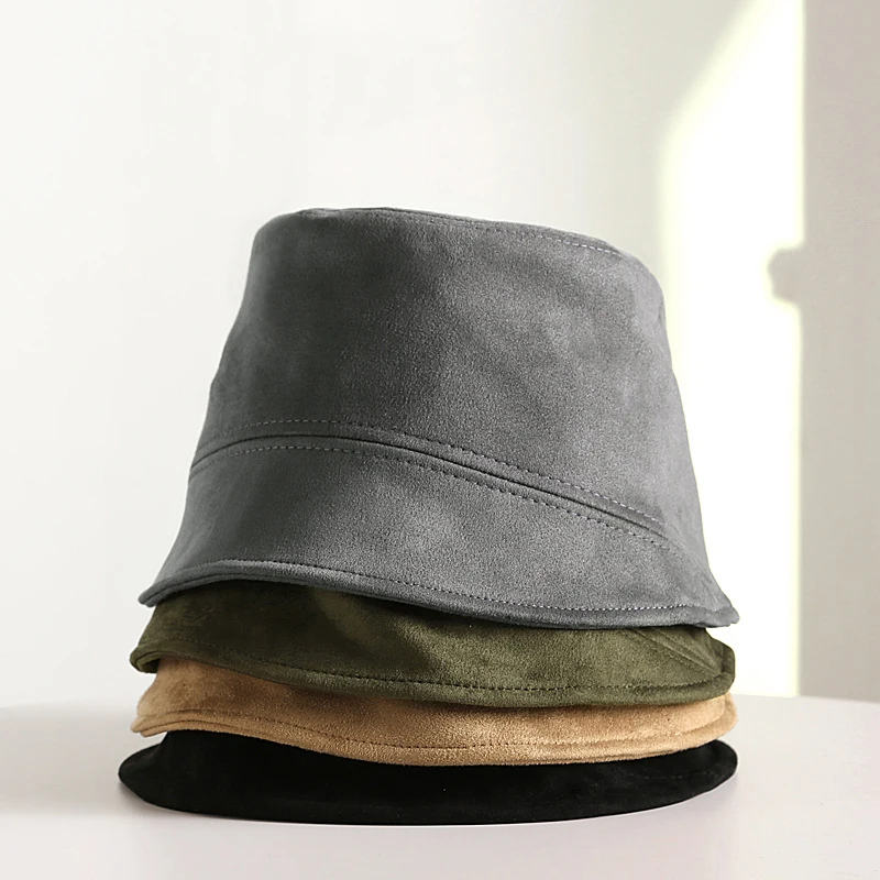 Customizable Logo Solid Suede Bucket Hat Women Winter Warm Windproof Japanese Casual Fisherman Cap Face‑Slimming Outdoor Basin