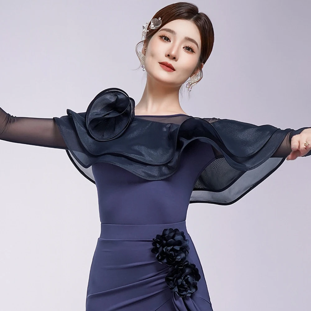 Latin Dance New Red Line Dance Dark Blue Top Performance Suit Black Women's  Round Neck Purple Rain Blue High-End Top