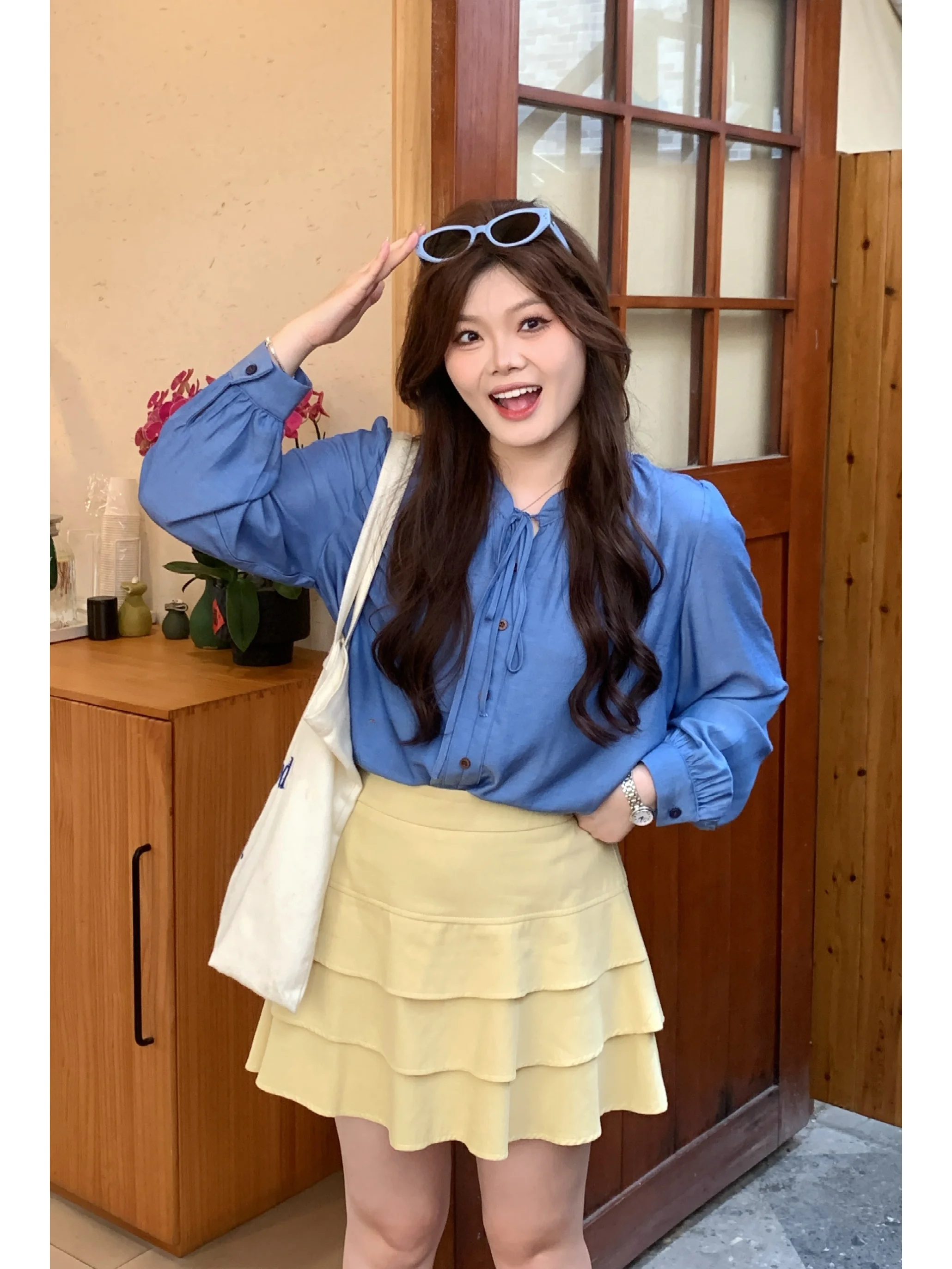 

Spring Advanced Feelings plus Size Women's Long Sve Denim irt Qingyu Soft Cotton Klein Blue French Sle Loose Fit irt