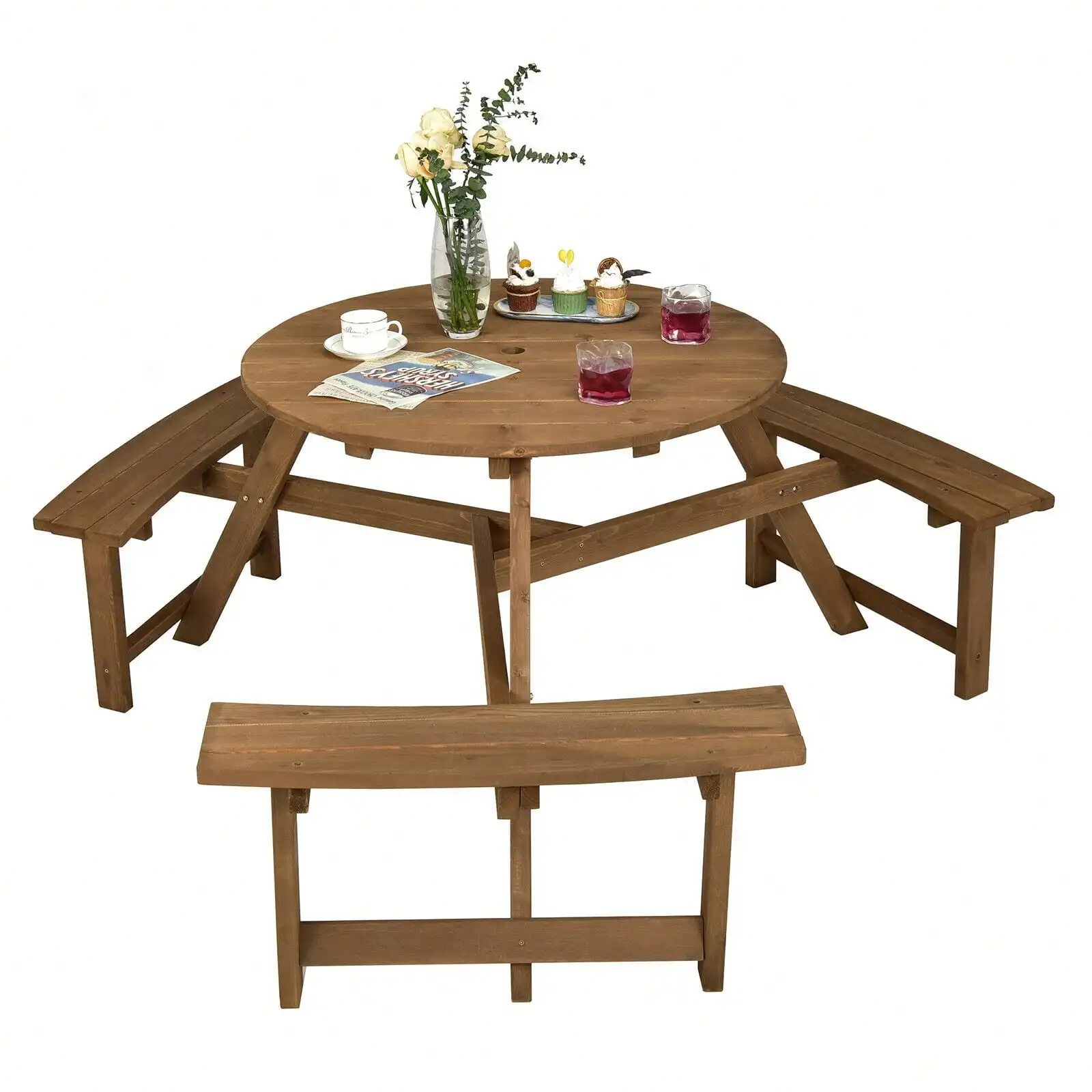 

6-person Round Picnic Table Outdoor Table w/ Umbrella Hole & Benches