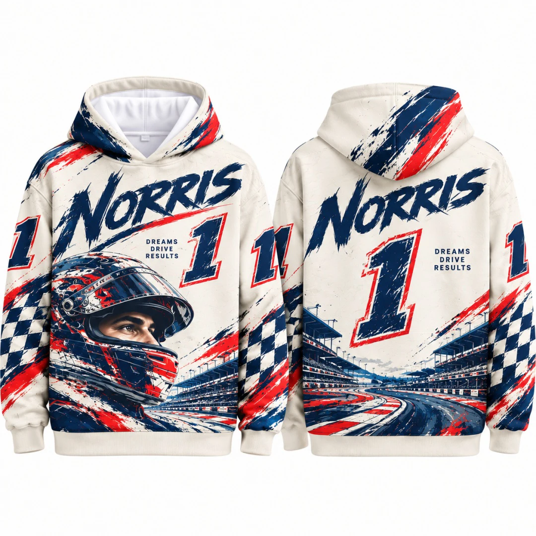 Norris No.1 Racing Hoodie Graffiti Helmet Race Track Checkered Flag Graphic Pullover Unisex Oversized Streetwear Motorsport