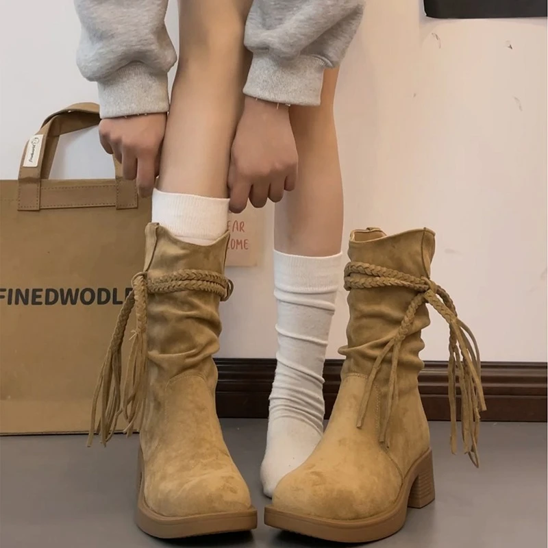 

Зимние модные женские ковбойские сапоги в стиле вестерн на толстом каблуке с кисточками, элегантные туфли без шнуровки, тонкие рыцарские короткие ботинки Botas Zapatos De Mujer