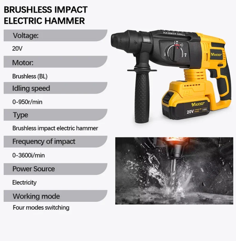 VIVSSO Electric Brushless Rotary Hammer Drill 3600BPM Cordless Multifunctional Hammer Impact Drill For Dewalt 18V Battery Pins