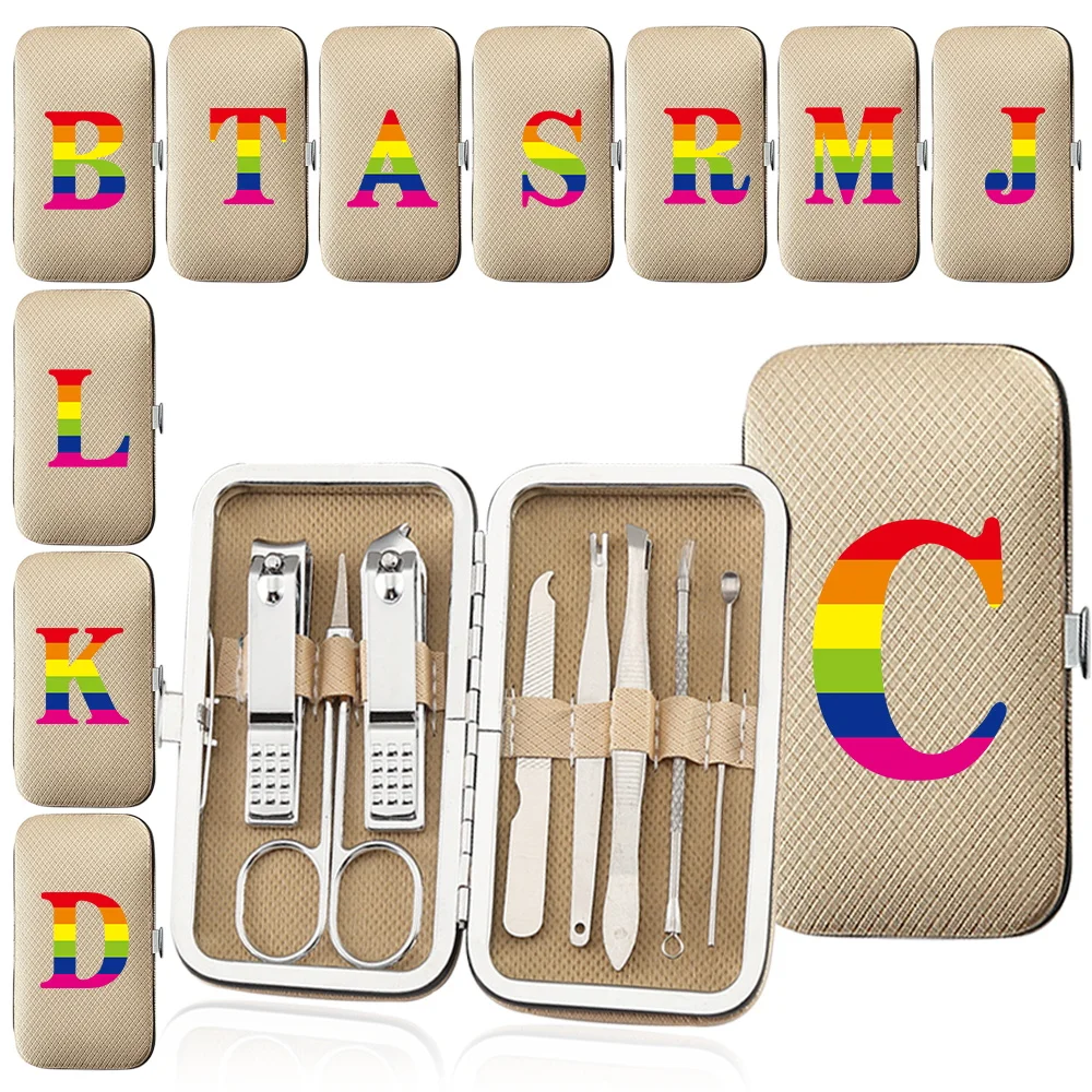 8Pcs Nail Clipper Manicure Cutter Set Stainless Steel Pedicure Tool Kit Portable PU Box Trimmer Organizer Rainbow Letter Pattern