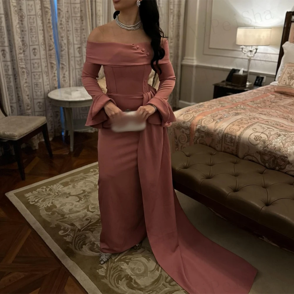 Maßgeschneiderte gerade Ballkleider, bodenlang, U-Boot-Ausschnitt, volle Ärmel, Abendkleid, modisches, drapiertes Cocktailkleid mit Rüschen und Knöpfen