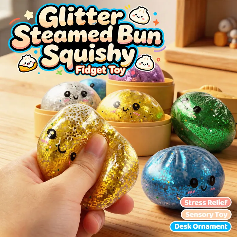 Glitter Steamed Bun Squeeze Toy with Steamer Sparkly Bead Bao Stress Relief Fidget Ball Soft Sensory Toy for Anxiety Desk Decor