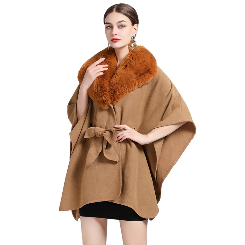 

Women's Cashmere Feel Shawl Lady Rex Rabbit Faux Fur Collar Wrap with Belt Autumn Winter Vintage Cloak Luxury Warm Overcoat New