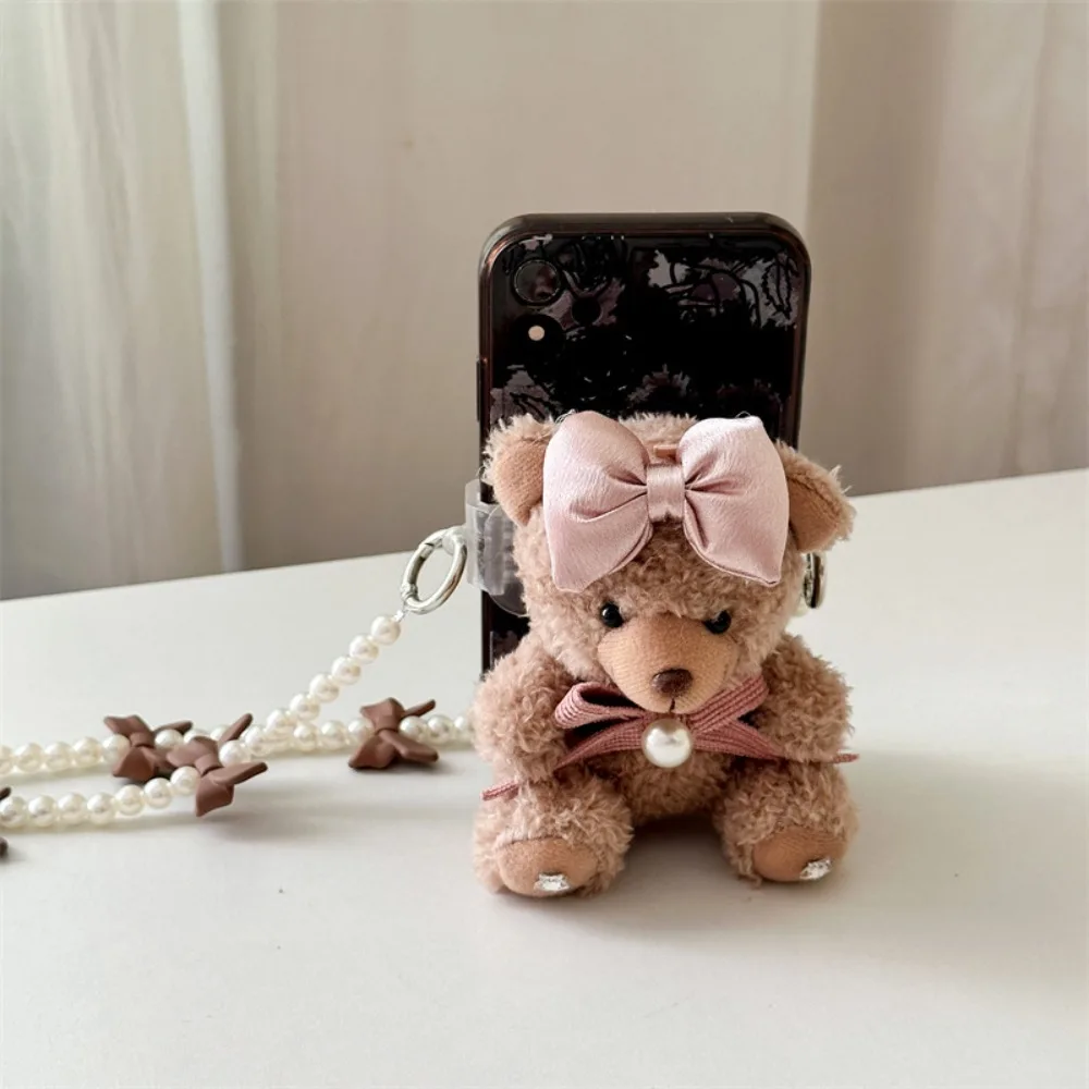 Bonito marrom urso de pelúcia chaveiro artesanal doce arco urso telefone volta clipe criativo kawaii fluff animal de pelúcia chaveiros